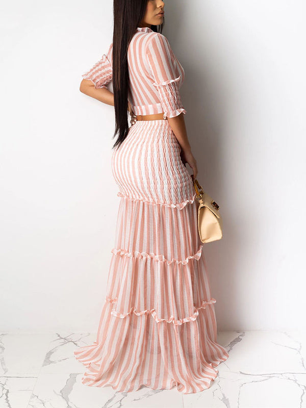 Striped Crop Top Ruffle Skirt Set