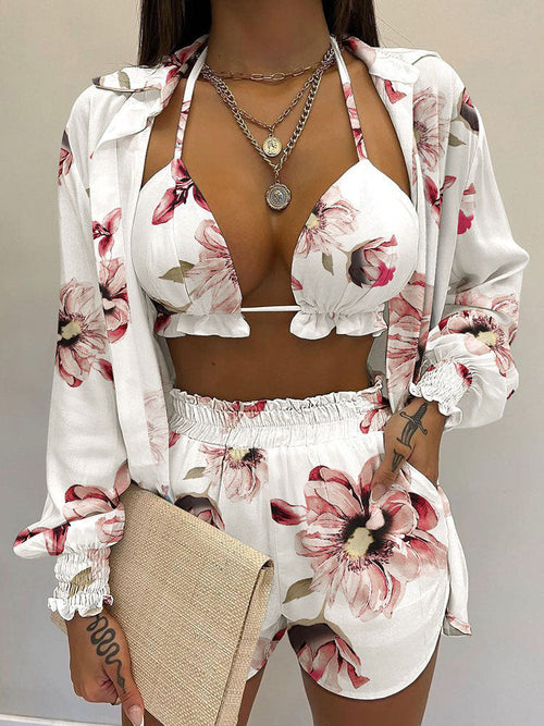 3PCS Printed Shirt & Shorts Set With Bra