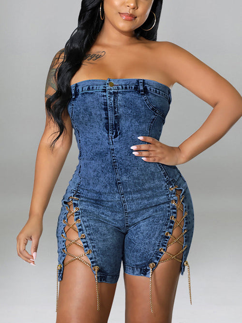 Strapless Denim Lace-up Romper