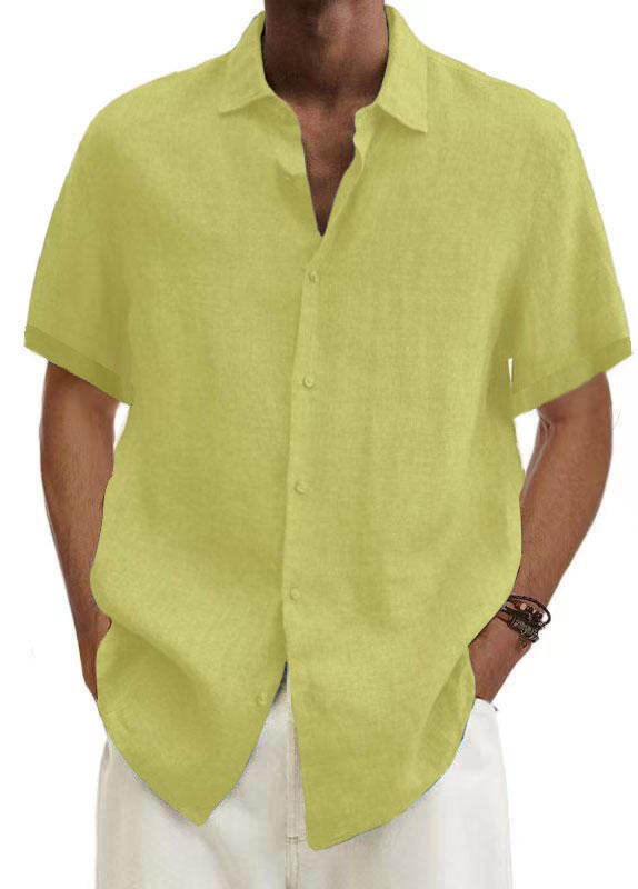 Men's solid cotton short sleeve loose lapel shirt