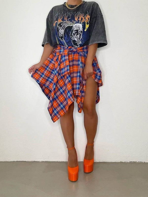 Asymmetric Plaid Midi Skirt