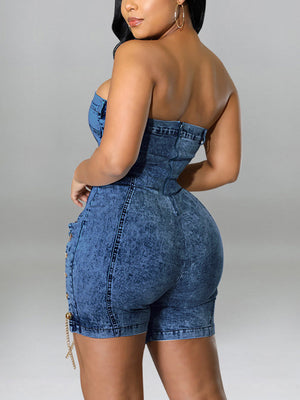 Strapless Denim Lace-up Romper