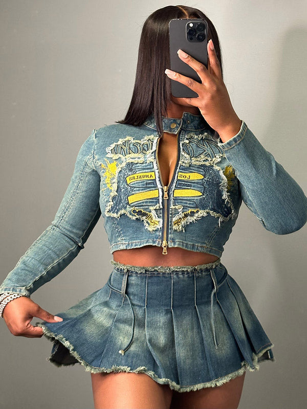 Denim Jacket & Pleated Skirt Set