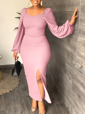 Lantern Sleeve Slit Dress