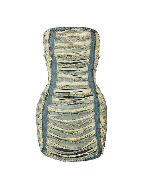 Washed Distressed Tube Mini Dress