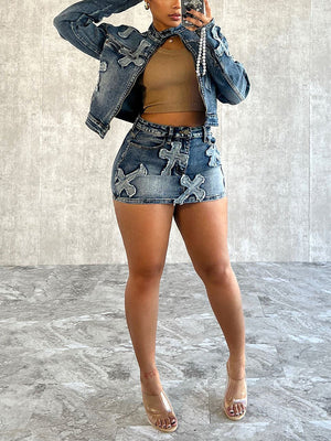 Cross Denim Jacket Skirt Set