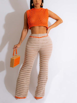 Crochet Crop Top Flare Pants Set