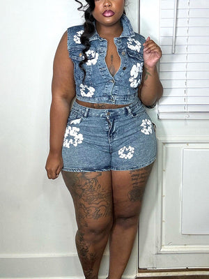 Floral Print Denim Shorts Set