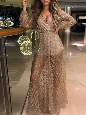 Sequin Mesh V Neck Maxi Dress