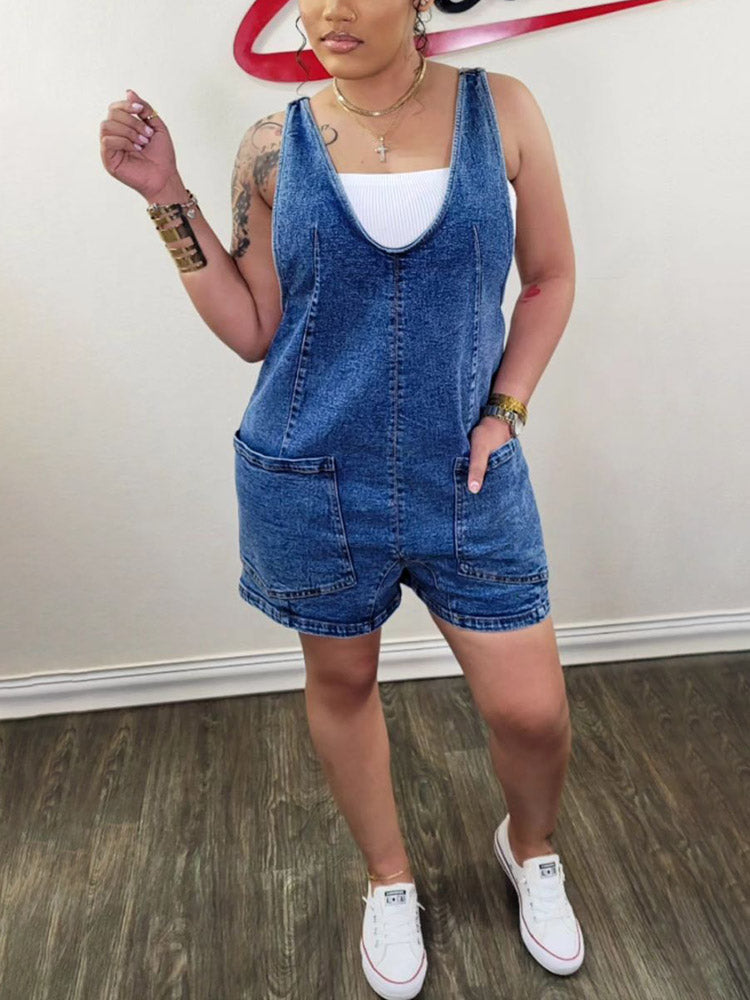 Scoop Neck Denim Shorts Overall