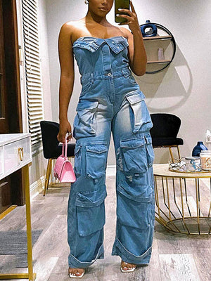 Denim Strapless Cargo Jumpsuit