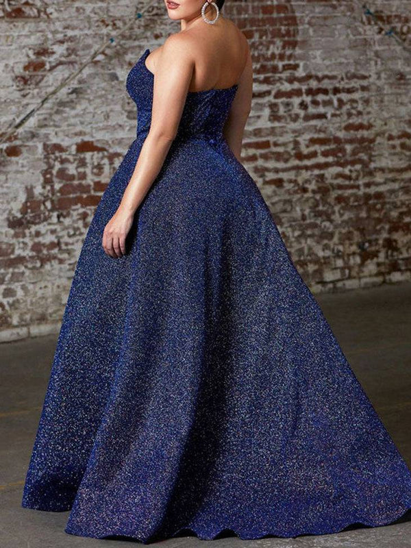 V Neck Slit Glitter Tube Gown