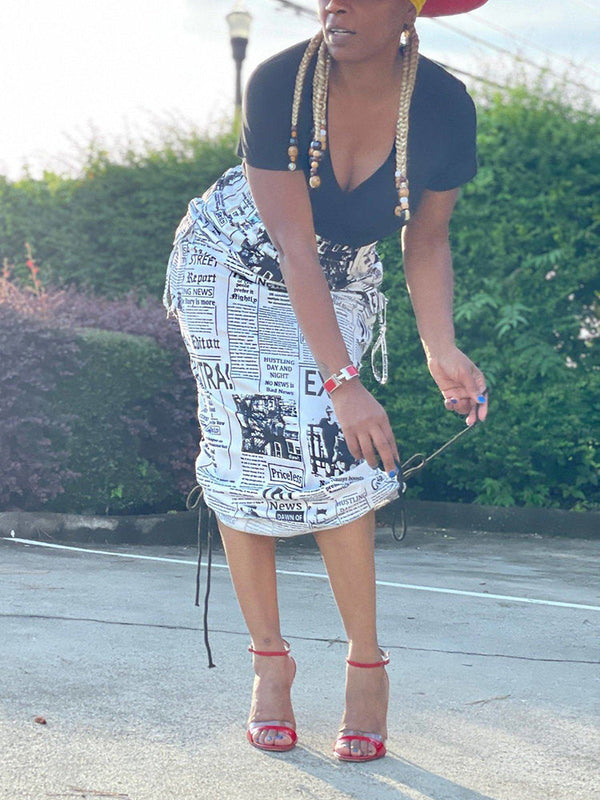 Newspaper Letter Print Drawstring Skirt