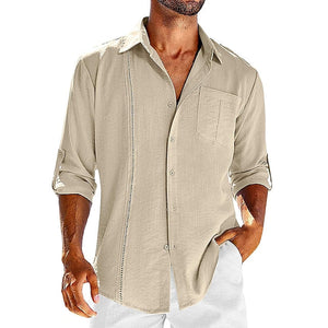 Solid Pocket Single Breasted Cardigan Cotton Hemp Long Sleeve Casual Shirt Top