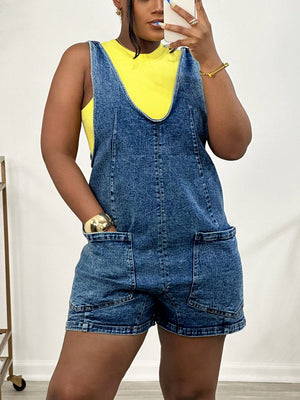 Scoop Neck Denim Shorts Overall