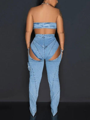 Denim Tube Top & Cutout Pants Set