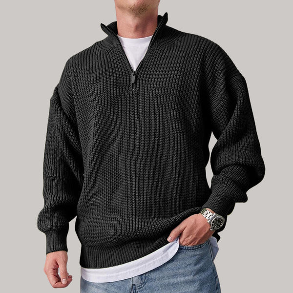 Men's Casual Loose Zipper Stand Collar Solid Color Sweater