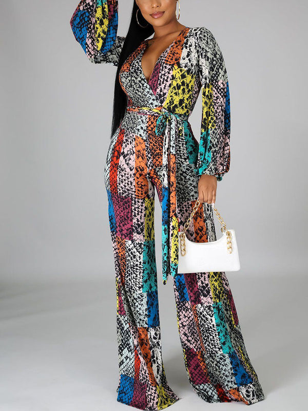 Snake Print V Neck Wide Leg Jumpsuit