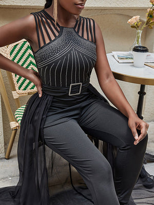 Rhinestone Mesh Sleeveless Jumpsuit