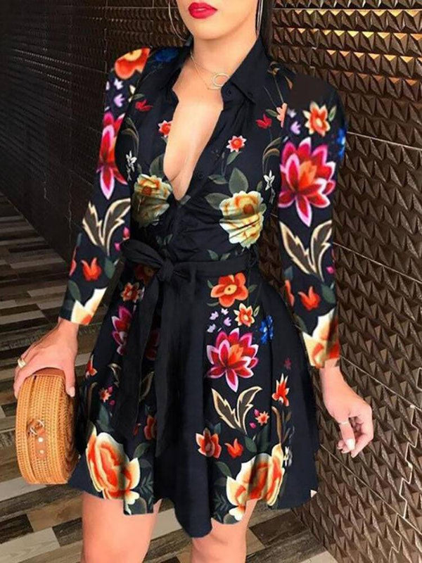 Printed V Neck Belt Dress