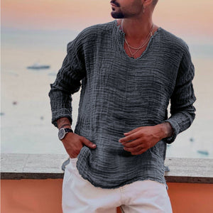 Men's Linen Summer Casual Beach Shirt White Blue Brown Long Sleeve Plain V Neck Casual Daily Clothing Apparel