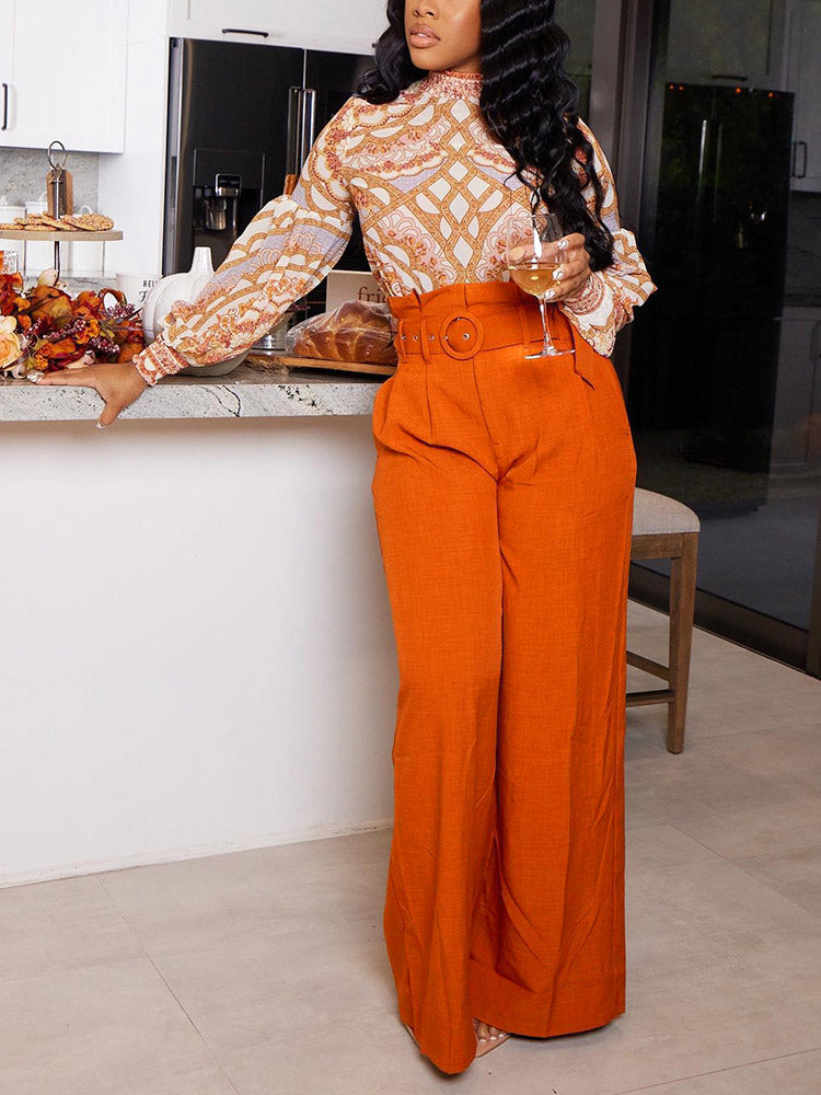 Solid Belt Wide Leg Pants