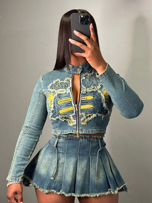 Denim Jacket & Pleated Skirt Set