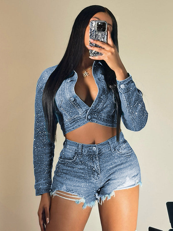 Rhinestone Denim Jacket & Shorts Set