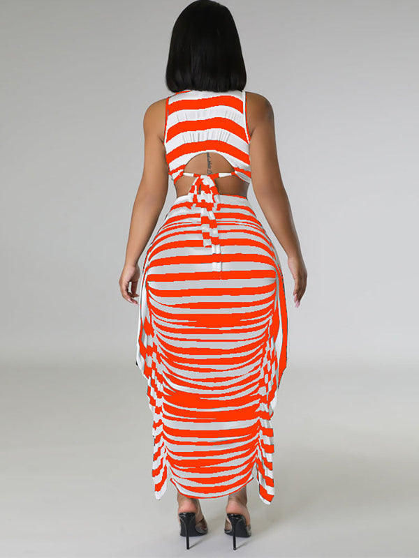 Striped Crop Top Maxi Skirt Set