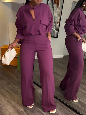 V Neck Blouse Wide Leg Pants Set