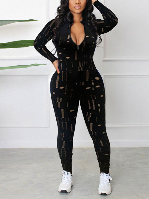 Distressed Zip Front Jumpsuit