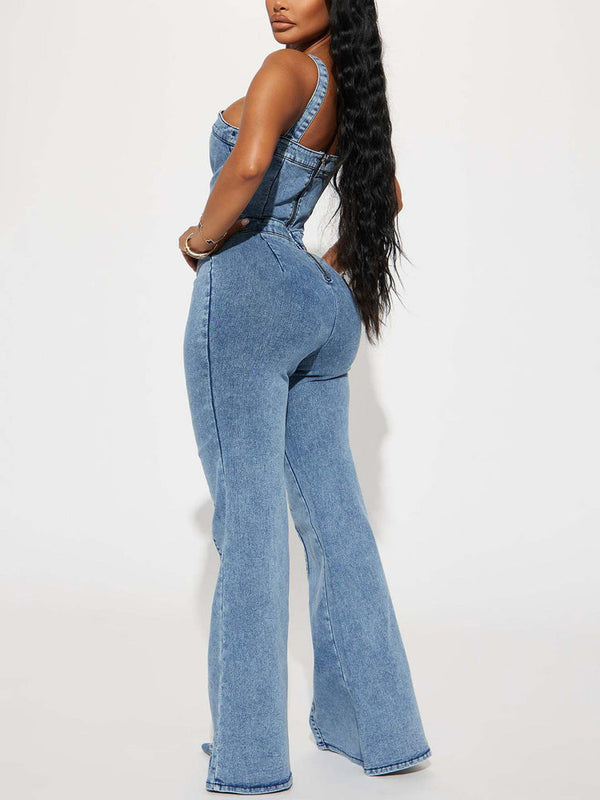 Sleeveless Flared Denim Jumpsuit