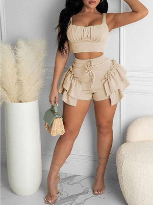 Sleeveless Crop Top Ruffle Shorts Set