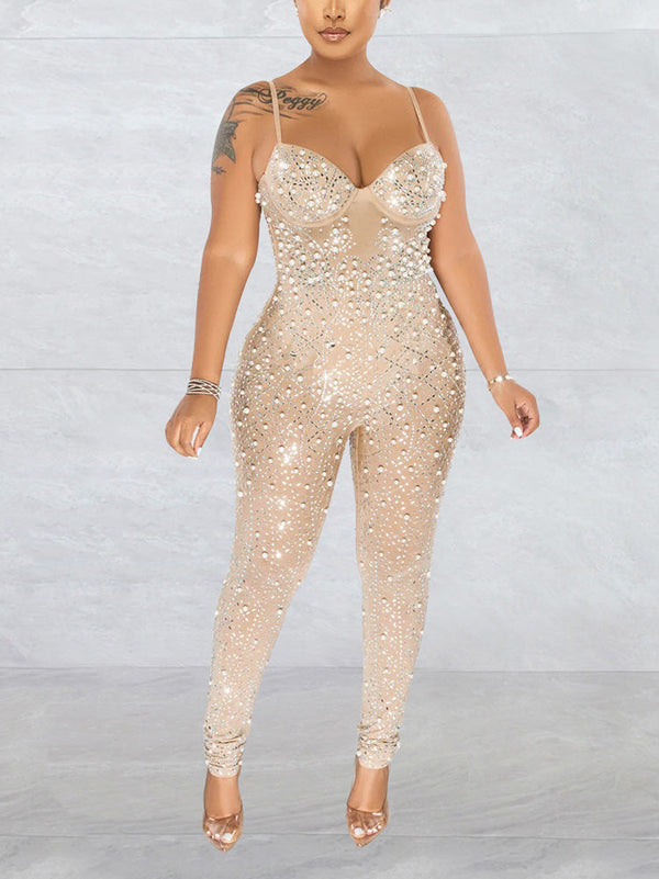 Rhinestone Zipper Mesh Jumpsuit