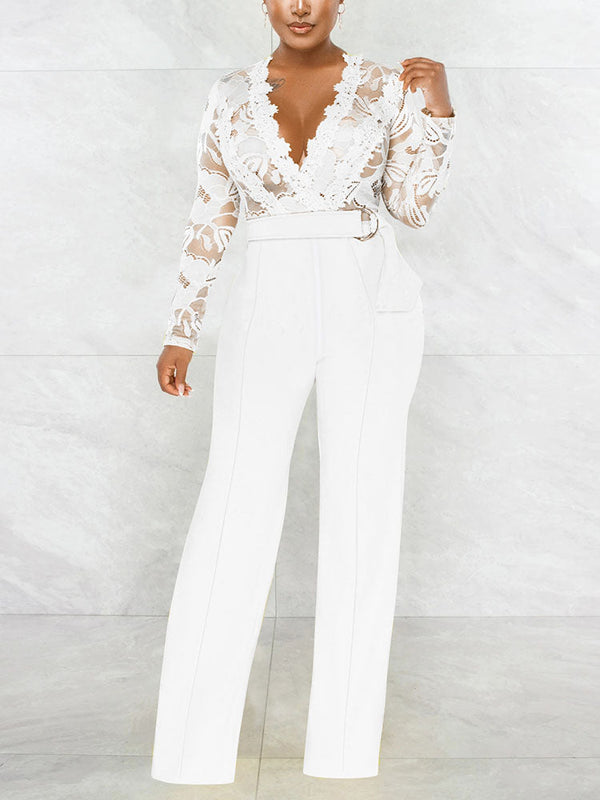 Lace V Neck With Belt Jumpsuit