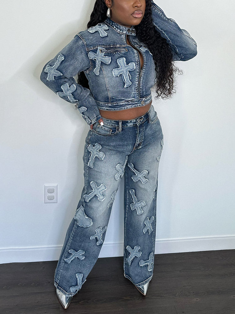 Cross Denim Jacket Pants Set