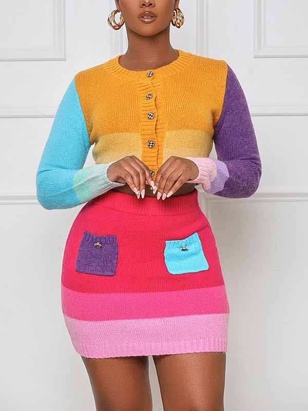 Knit Color Block Crop Top And Skirt Set