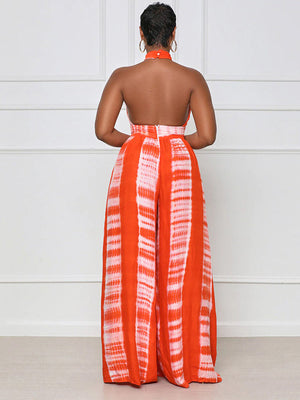 Halter Backless Printed Wide Leg Jumpsuit