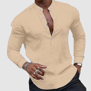 Men's casual plus-size top cotton linen loose stand-collar long sleeve shirt