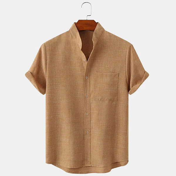 Men's solid colored linen short sleeved lapel shirt