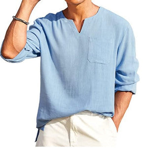 Men's solid color casual button V-neck T-shirt