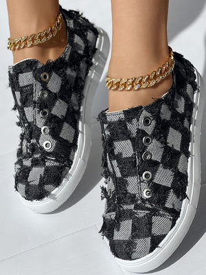 Checkerboard Raw Trim Denim Sneakers