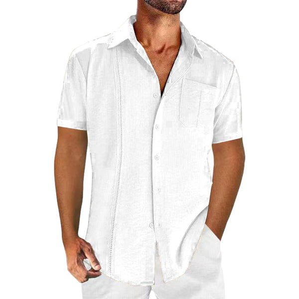 Casual solid color men's linen cotton short sleeve shirt