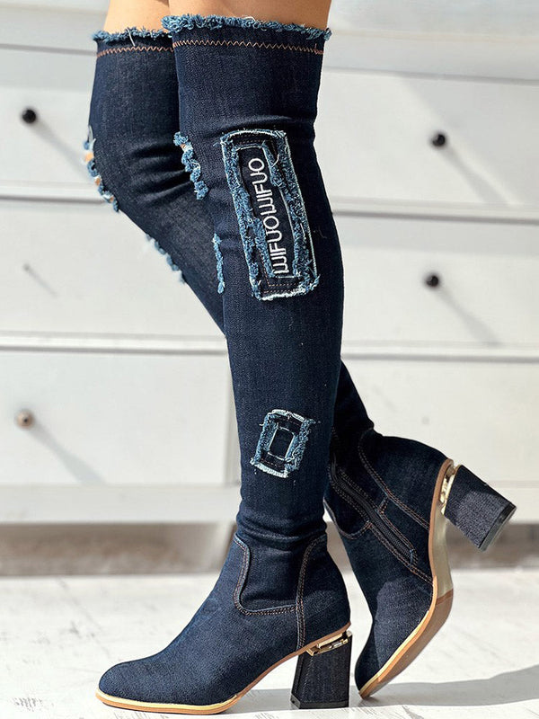 Ripped Over The Knee Denim Boots