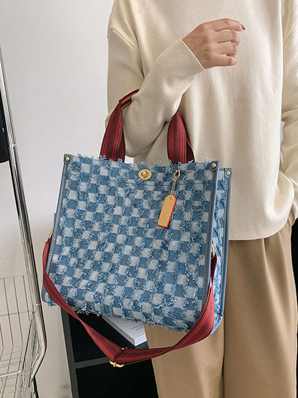 Denim Checkerboard Tote Bag