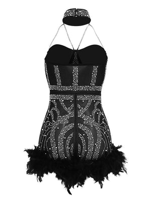 Mesh Rhinestone Feather Romper