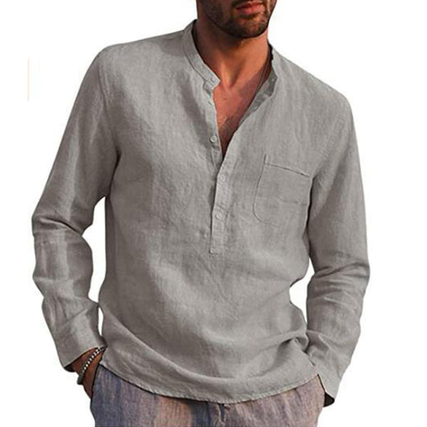 Men's Cotton Linen Summer Solid Color  Stand-Up Collar Long-Sleeved Shirts