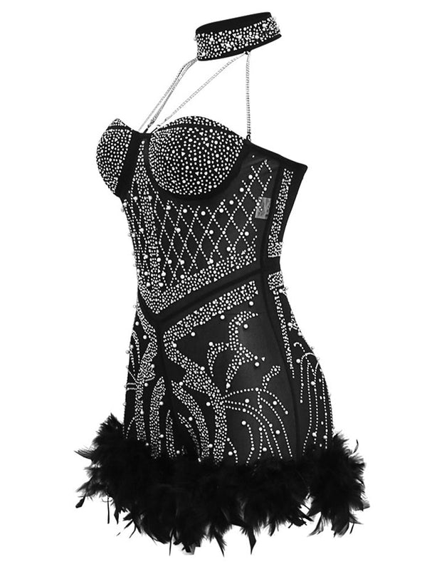 Mesh Rhinestone Feather Romper