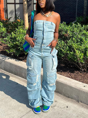 Denim Strapless Cargo Jumpsuit