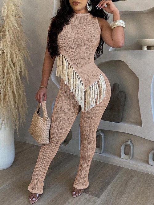 Knit Sleeveless Fringe Pants Set